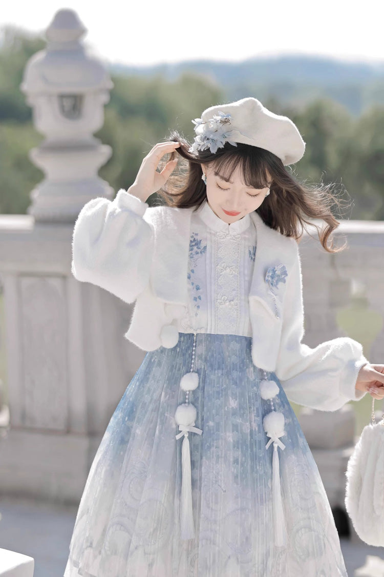 Lolita JSK Dress - White/blue, 2 Colors, Chinese-Inspired Style, Ruffled, Printed - additional product view 4