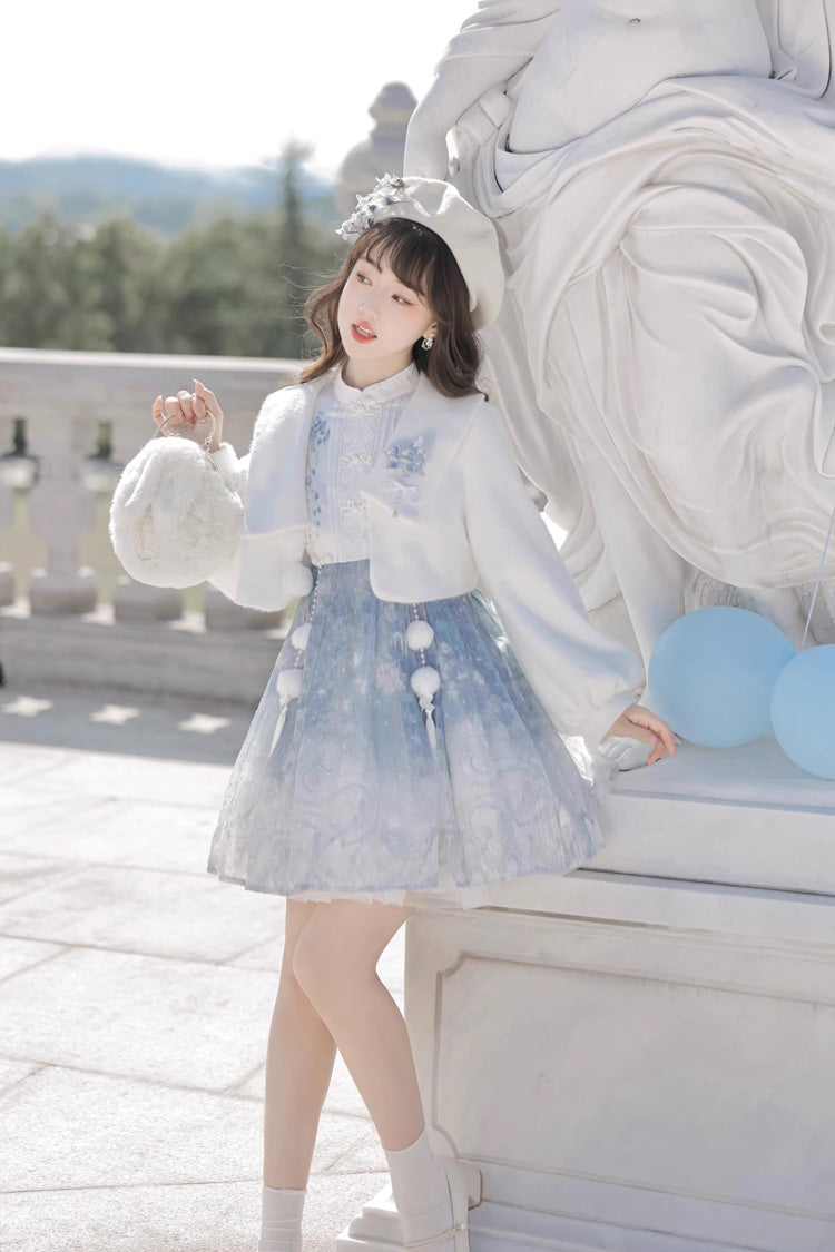 Lolita JSK Dress - White/blue, 2 Colors, Chinese-Inspired Style, Ruffled, Printed - additional product view 5