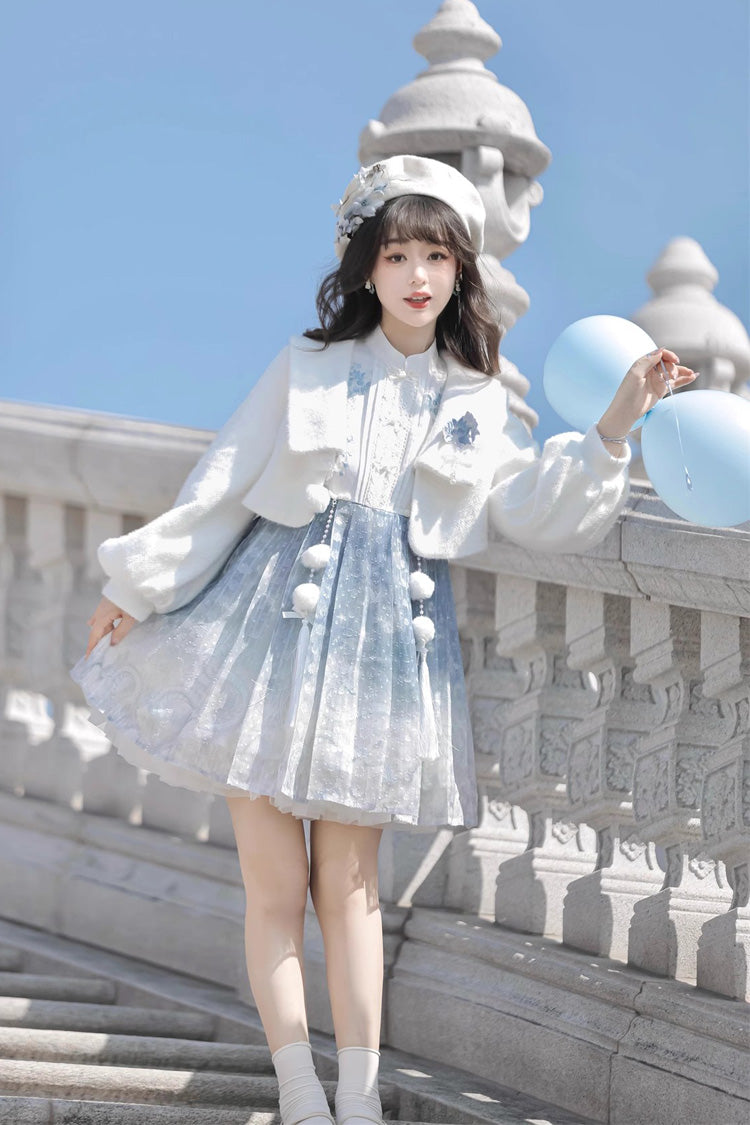 Lolita JSK Dress - White/blue, 2 Colors, Chinese-Inspired Style, Ruffled, Printed - additional product view 6