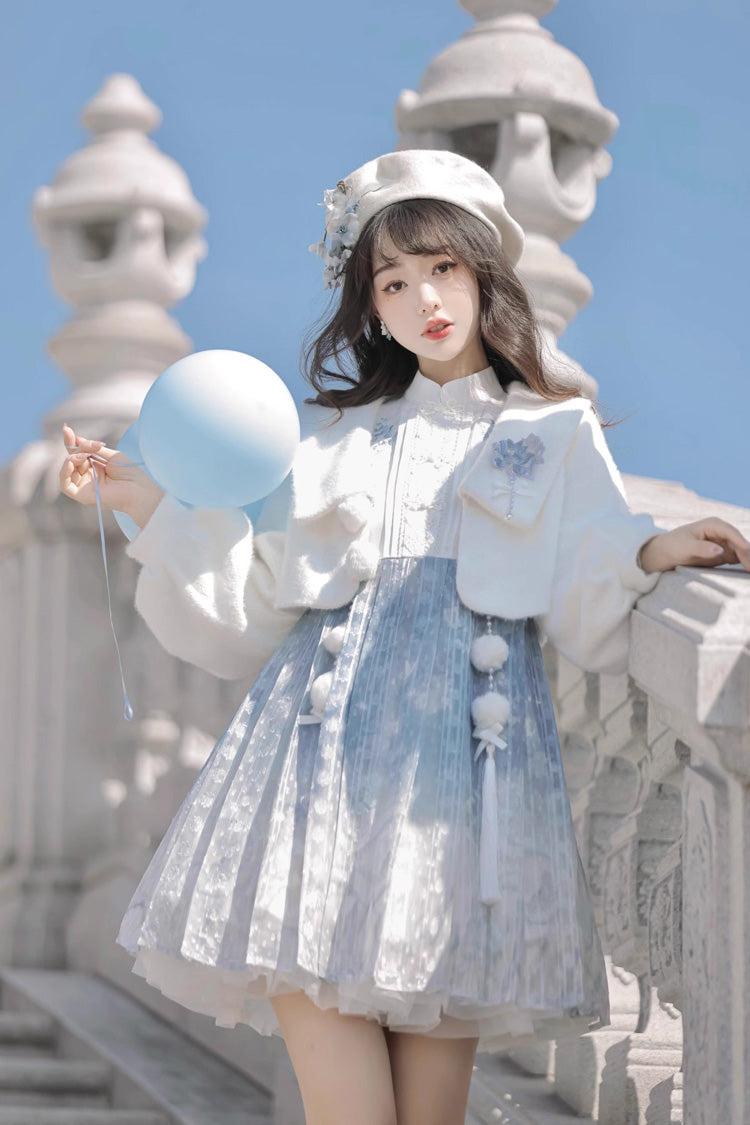 Lolita JSK Dress - White/blue, 2 Colors, Chinese-Inspired Style, Ruffled, Printed - additional product view 7