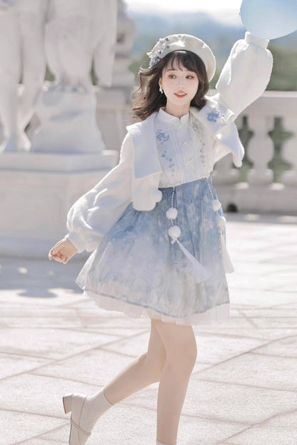 Lolita JSK Dress - White/blue, 2 Colors, Chinese-Inspired Style, Ruffled, Printed - additional product view 8