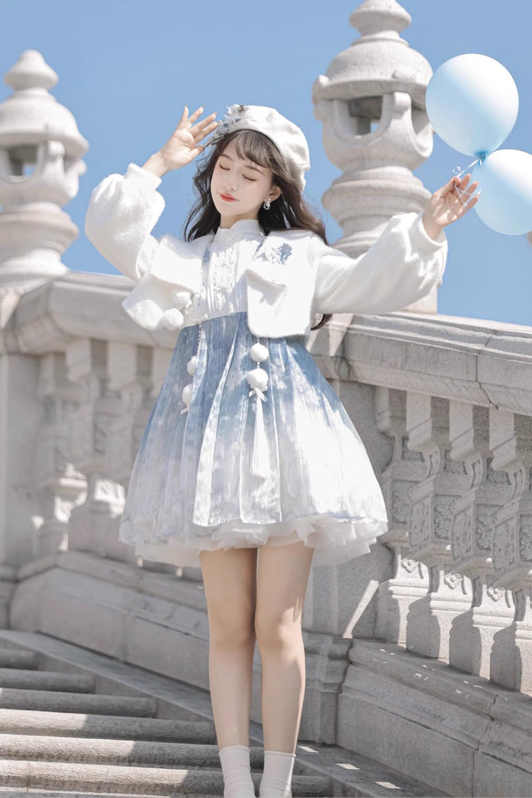 Lolita JSK Dress - White/blue, 2 Colors, Chinese-Inspired Style, Ruffled, Printed - additional product view 9