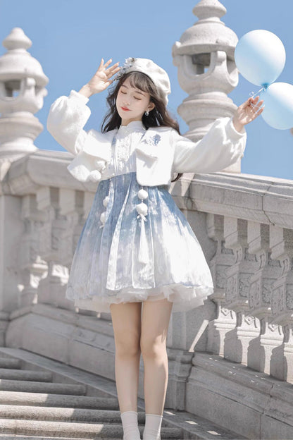 Lolita JSK Dress - White/blue, 2 Colors, Chinese-Inspired Style, Ruffled, Printed - additional product view 9