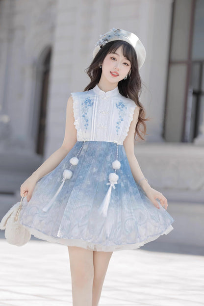 Lolita JSK Dress - White/blue, 2 Colors, Chinese-Inspired Style, Ruffled, Printed - additional product view 10
