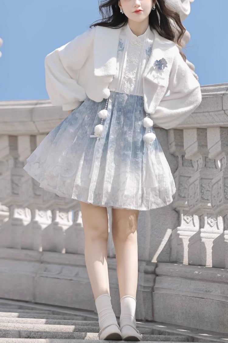 Lolita JSK Dress - White/blue, 2 Colors, Chinese-Inspired Style, Ruffled, Printed - main product image