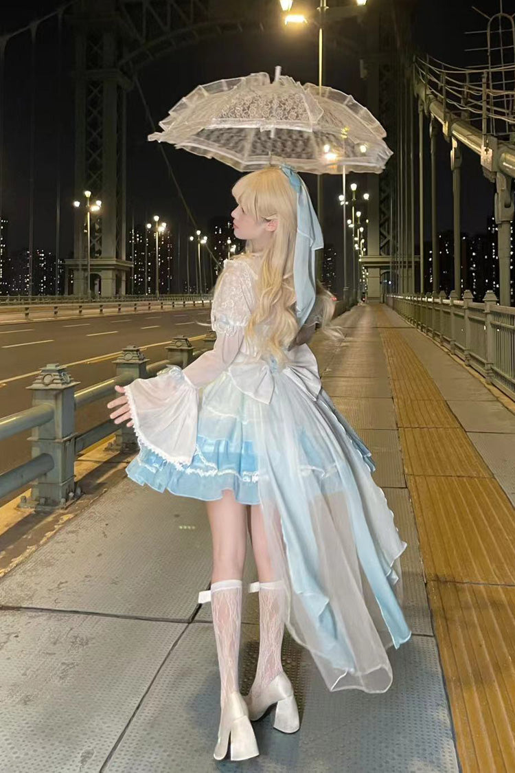 Lolita JSK Dress - White/blue Gradient Multi-layer, 2 Colors, Bow Detail, Lace Trim - additional product view 2