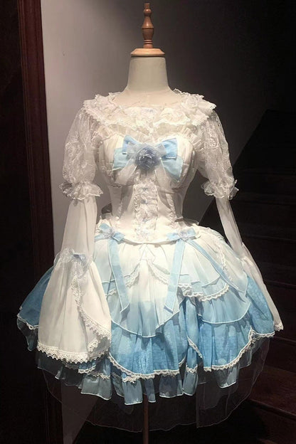 Lolita JSK Dress - White/blue Gradient Multi-layer, 2 Colors, Bow Detail, Lace Trim - additional product view 3
