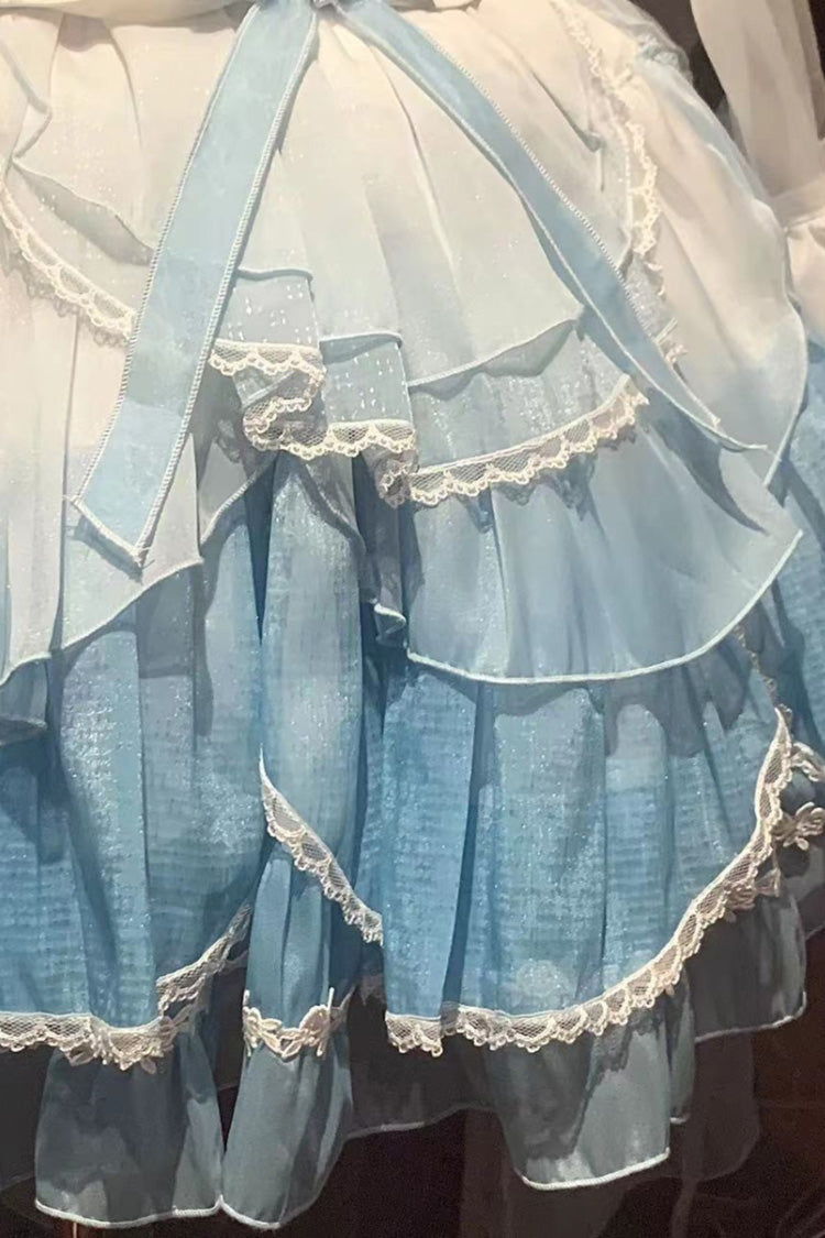 Lolita JSK Dress - White/blue Gradient Multi-layer, 2 Colors, Bow Detail, Lace Trim - additional product view 4