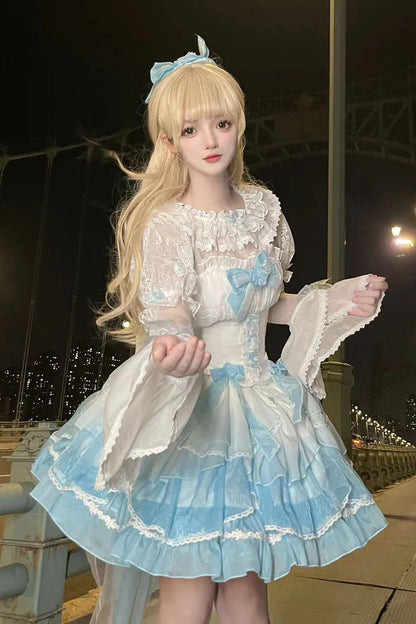Lolita JSK Dress - White/blue Gradient Multi-layer, 2 Colors, Bow Detail, Lace Trim - main product image