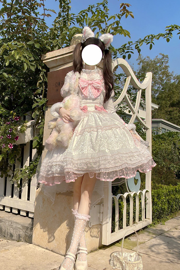 Lolita JSK Dress - White/pink Magic Meow, 2 Colors, Ruffled, Sweet Style, Bow Detail - additional product view 2
