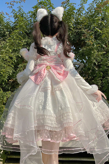 Lolita JSK Dress - White/pink Magic Meow, 2 Colors, Ruffled, Sweet Style, Bow Detail - additional product view 3