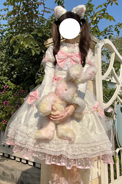 Lolita JSK Dress - White/pink Magic Meow, 2 Colors, Ruffled, Sweet Style, Bow Detail - main product image