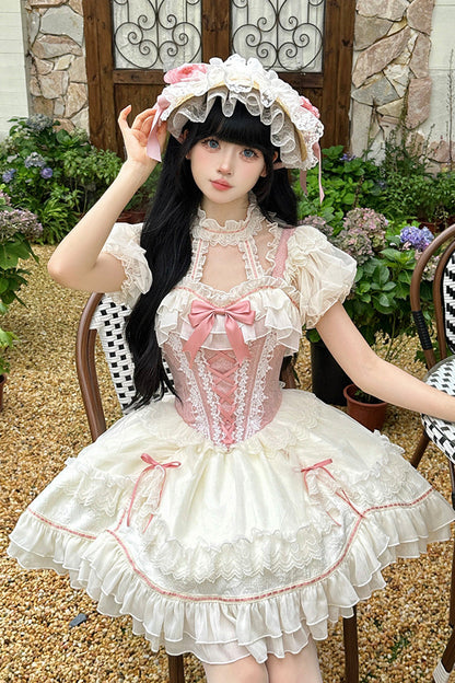 Lolita JSK Dress - White/pink Secret Garden, 2 Colors, Lace-Up, Sweet Style, Bow Detail - additional product view 2