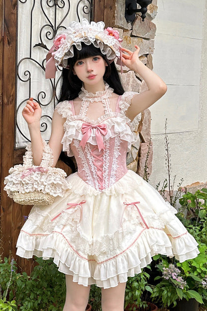 Lolita JSK Dress - White/pink Secret Garden, 2 Colors, Lace-Up, Sweet Style, Bow Detail - additional product view 3