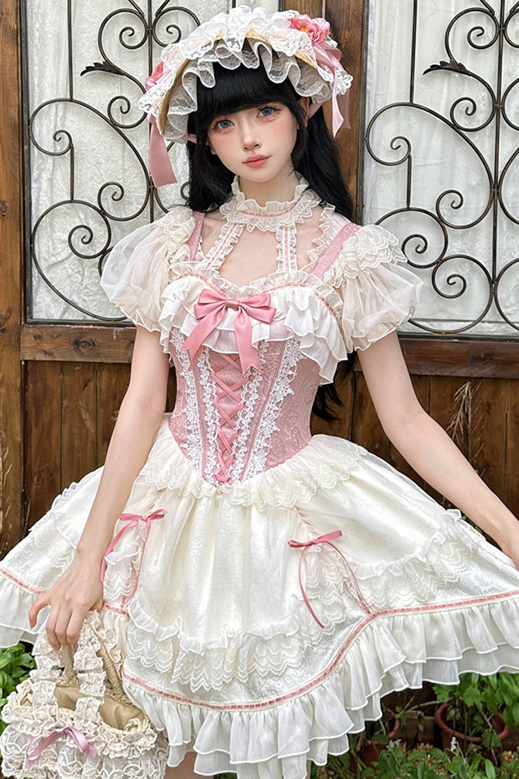 Lolita JSK Dress - White/pink Secret Garden, 2 Colors, Lace-Up, Sweet Style, Bow Detail - additional product view 4
