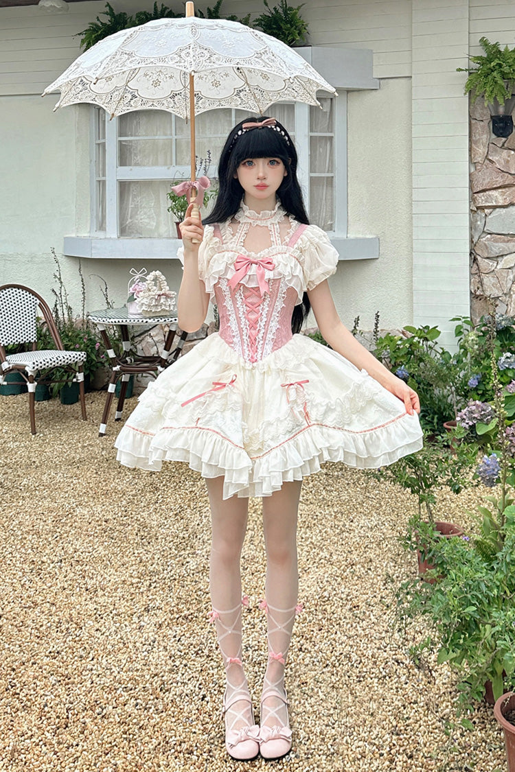 Lolita JSK Dress - White/pink Secret Garden, 2 Colors, Lace-Up, Sweet Style, Bow Detail - additional product view 5