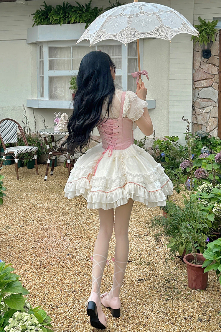 Lolita JSK Dress - White/pink Secret Garden, 2 Colors, Lace-Up, Sweet Style, Bow Detail - additional product view 6