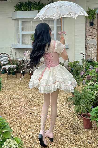 Lolita JSK Dress - White/pink Secret Garden, 2 Colors, Lace-Up, Sweet Style, Bow Detail - additional product view 6
