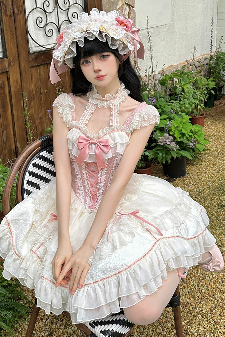 Lolita JSK Dress - White/pink Secret Garden, 2 Colors, Lace-Up, Sweet Style, Bow Detail - additional product view 7