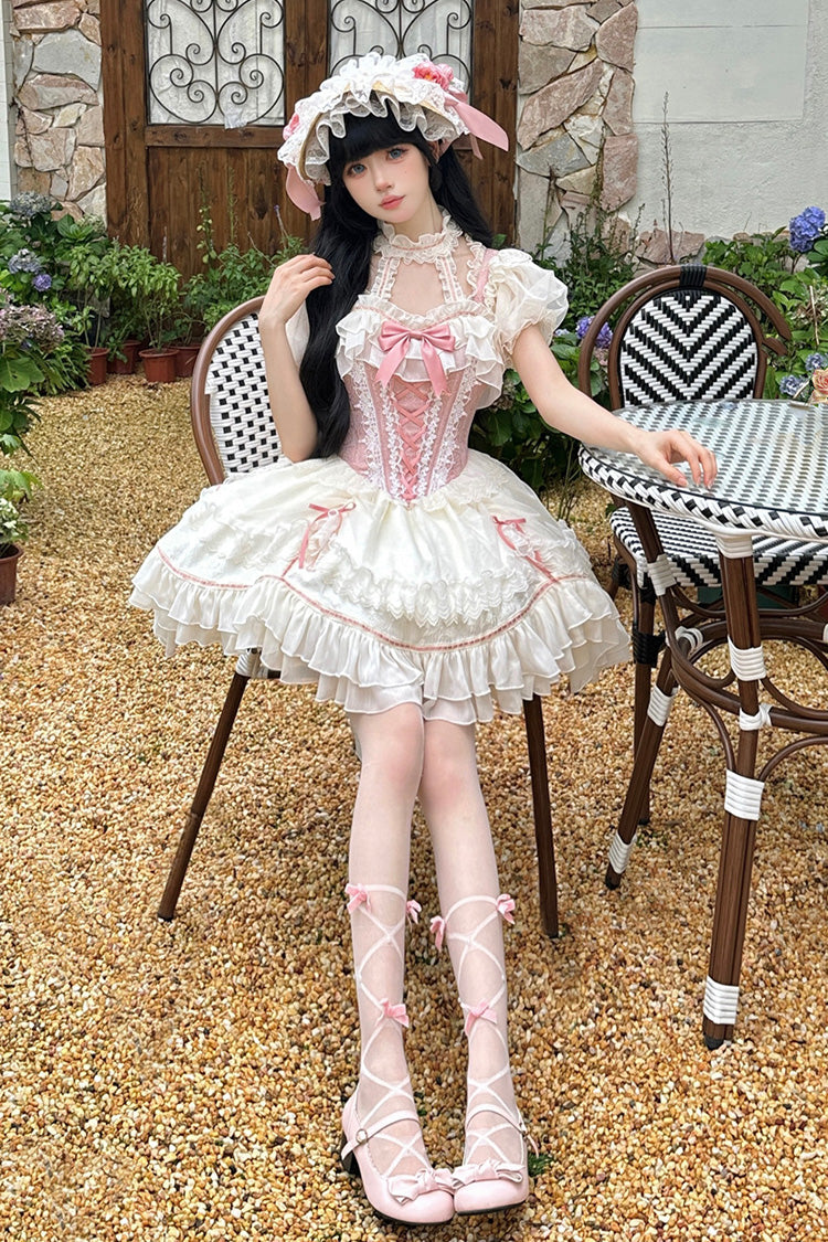 Lolita JSK Dress - White/pink Secret Garden, 2 Colors, Lace-Up, Sweet Style, Bow Detail - additional product view 8