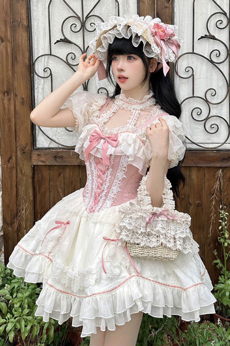 Lolita JSK Dress - White/pink Secret Garden, 2 Colors, Lace-Up, Sweet Style, Bow Detail - main product image