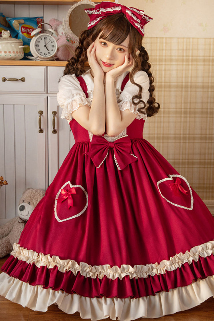 Lolita JSK Dress - Wine Love Heart Shape Pockets, Wine, Classic Style, Bow Detail - additional product view 3