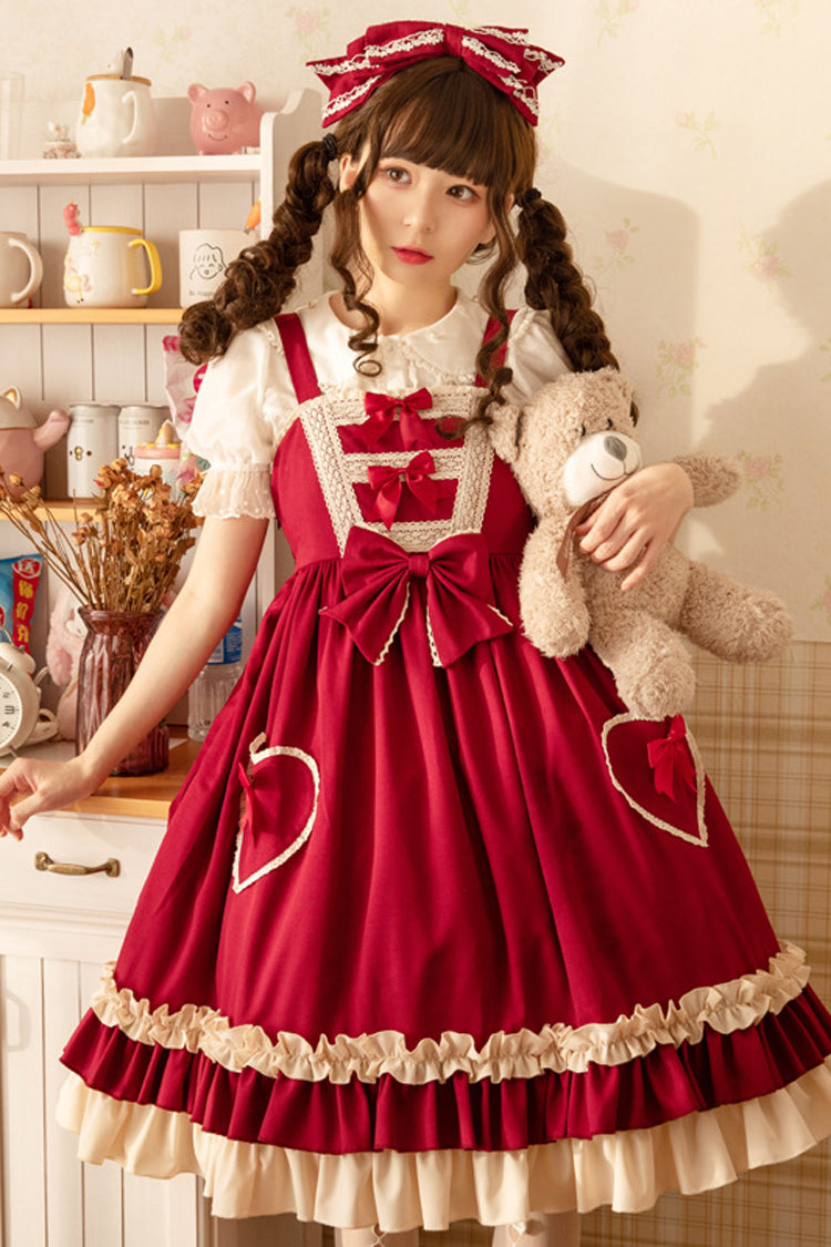 Lolita JSK Dress - Wine Love Heart Shape Pockets, Wine, Classic Style, Bow Detail - additional product view 4