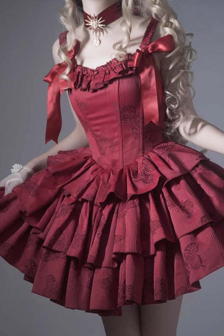 Lolita JSK Dress - Wine Red, Red, Gothic Style, Bow Detail, Ruffled - additional product view 2