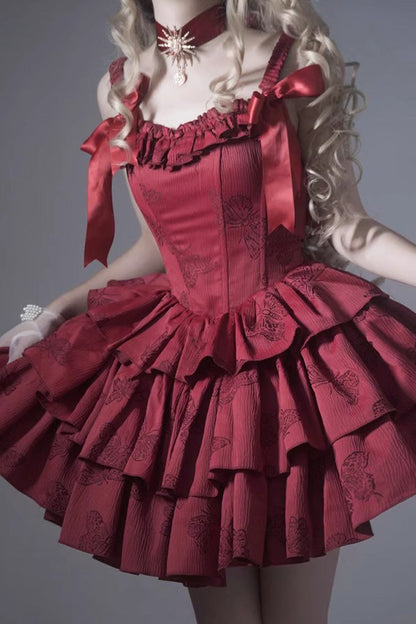 Lolita JSK Dress - Wine Red, Red, Gothic Style, Bow Detail, Ruffled - additional product view 2