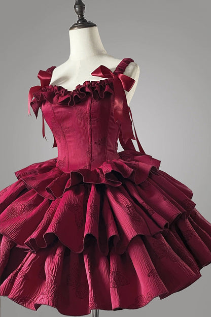 Lolita JSK Dress - Wine Red, Red, Gothic Style, Bow Detail, Ruffled - additional product view 3