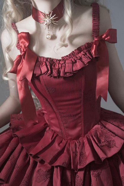 Lolita JSK Dress - Wine Red, Red, Gothic Style, Bow Detail, Ruffled - additional product view 4