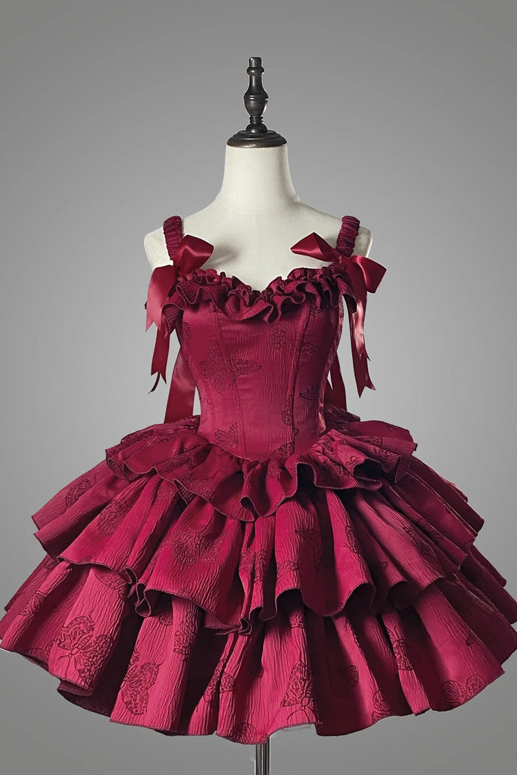 Lolita JSK Dress - Wine Red, Red, Gothic Style, Bow Detail, Ruffled - main product image