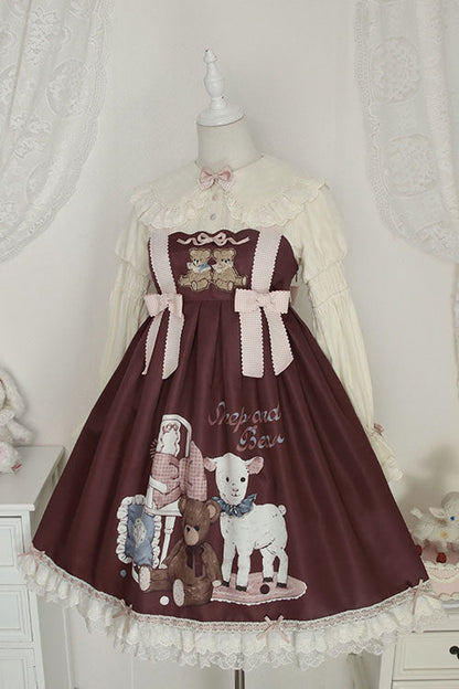 Lolita JSK Dress - Wine Sheep & Bear Print Alice, Wine, Bow Detail, Ruffled, Printed - additional product view 2