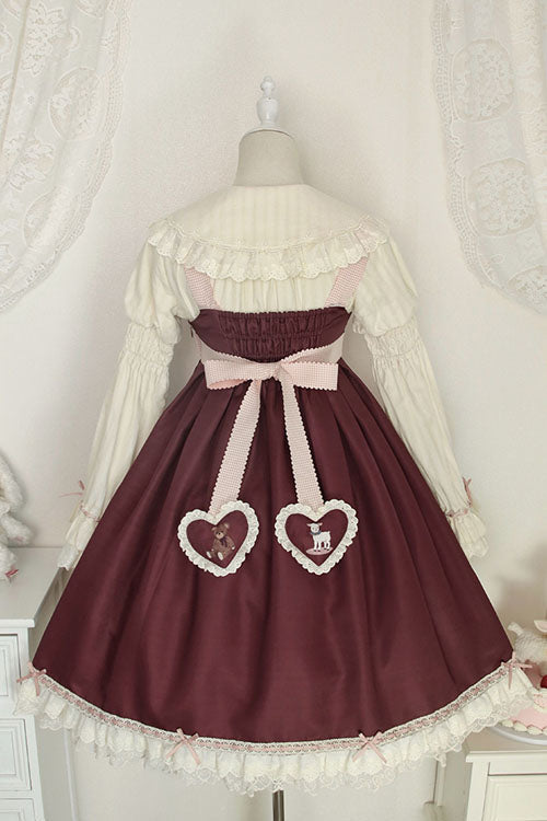 Lolita JSK Dress - Wine Sheep & Bear Print Alice, Wine, Bow Detail, Ruffled, Printed - additional product view 3
