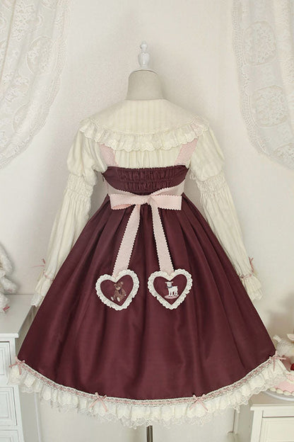 Lolita JSK Dress - Wine Sheep & Bear Print Alice, Wine, Bow Detail, Ruffled, Printed - additional product view 3