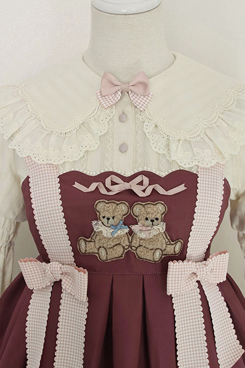 Lolita JSK Dress - Wine Sheep & Bear Print Alice, Wine, Bow Detail, Ruffled, Printed - additional product view 4