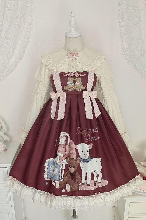 Lolita JSK Dress - Wine Sheep & Bear Print Alice, Wine, Bow Detail, Ruffled, Printed - main product image