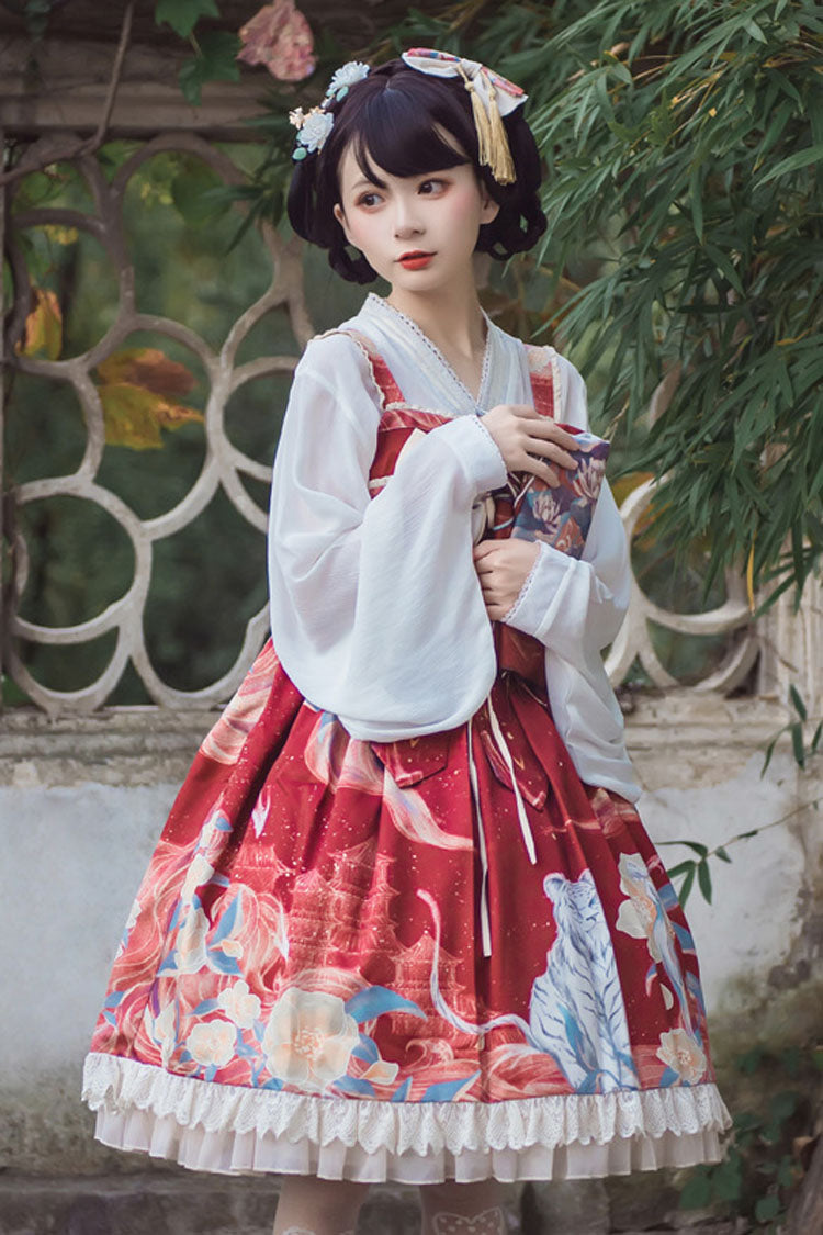 Lolita JSK Dress - Wine White Tiger Print Chinese, White, High Waist, Printed, Sweet Style - additional product view 2