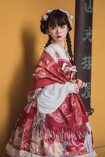 Lolita JSK Dress - Wine White Tiger Print Chinese, White, High Waist, Printed, Sweet Style - additional product view 4