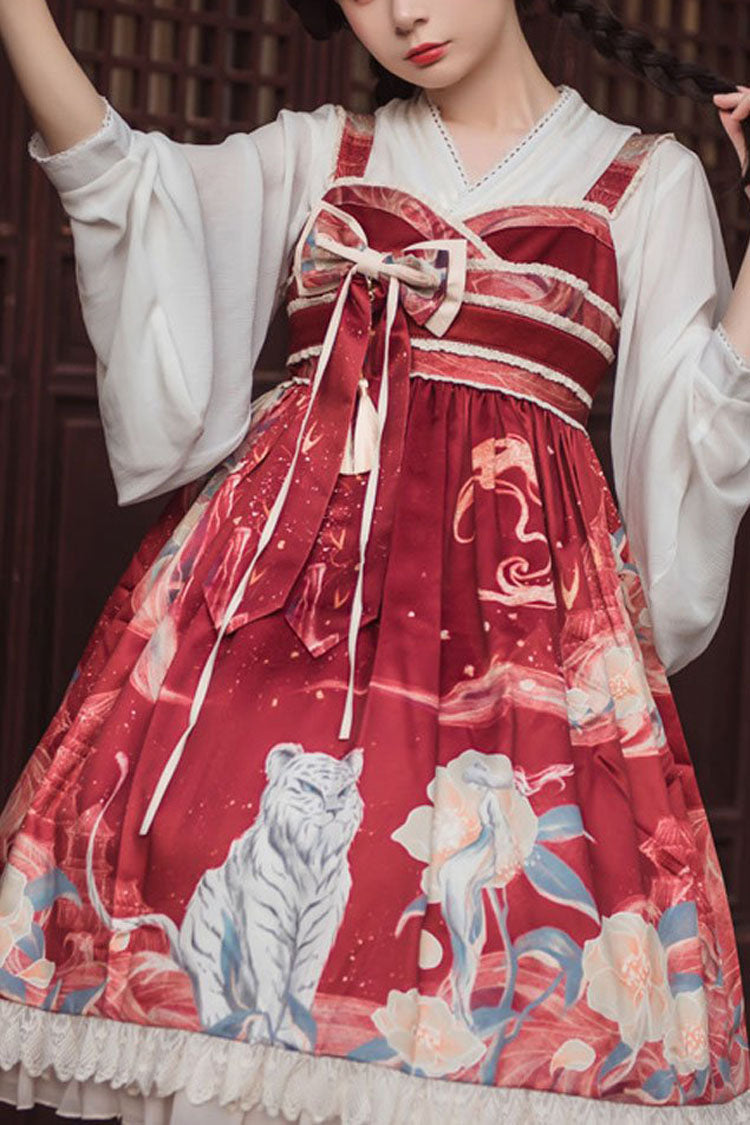 Lolita JSK Dress - Wine White Tiger Print Chinese, White, High Waist, Printed, Sweet Style - main product image