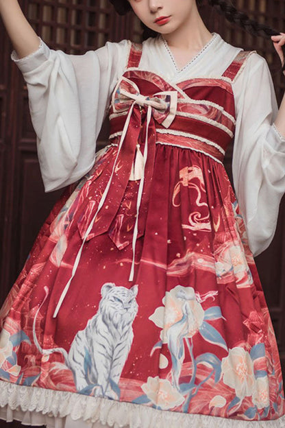 Lolita JSK Dress - Wine White Tiger Print Chinese, White, High Waist, Printed, Sweet Style - main product image