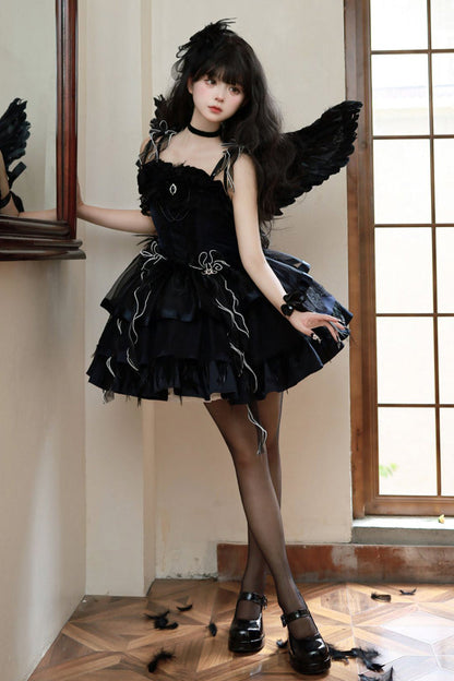 Lolita JSK Dress - Wings Arrival Multi-layer, 3 Colors, Ruffled, Sweet Style - S Black / M Black / L Black option