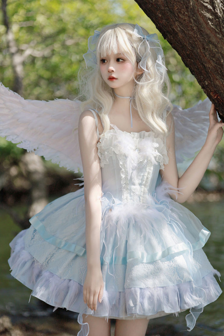 Lolita JSK Dress - Wings Arrival Multi-layer, 3 Colors, Ruffled, Sweet Style - S Blue/White / M Blue/White / L Blue/White option