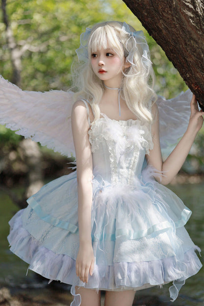 Lolita JSK Dress - Wings Arrival Multi-layer, 3 Colors, Ruffled, Sweet Style - S Blue/White / M Blue/White / L Blue/White option