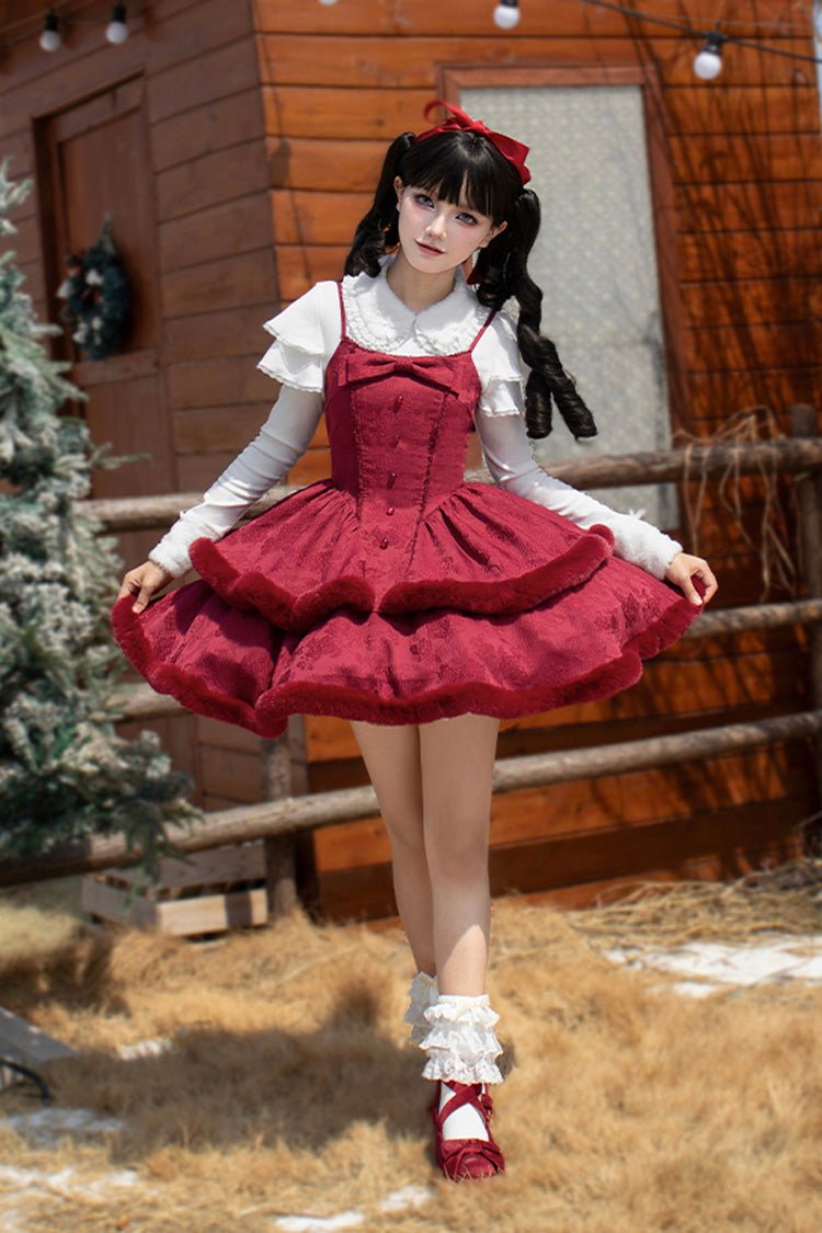 Lolita JSK Dress - Winter's Wish, 2 Colors, Sweet Style, Bow Detail, Layered - S Red / M Red / L Red option