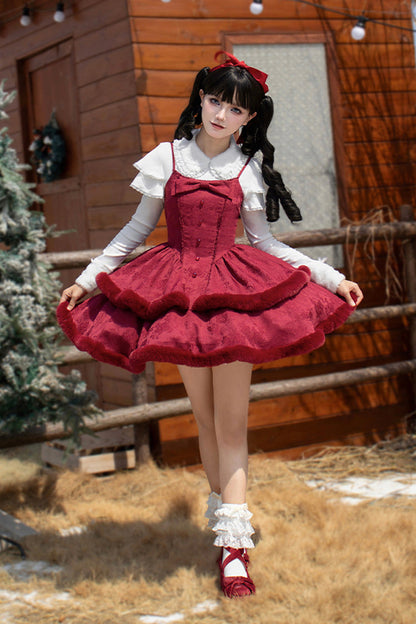 Lolita JSK Dress - Winter's Wish, 2 Colors, Sweet Style, Bow Detail, Layered - S Red / M Red / L Red option