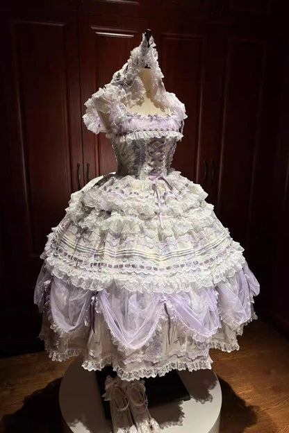 Lolita JSK Dress - Wisteria, Purple, Lace Trim, Layered, Lace-Up - additional product view 5