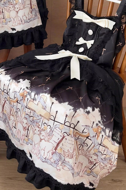 Lolita Jumper Skirt - Angel Lamb, 3 Colors, Ruffled, Printed, Sweet Style - S Black/White / M Black/White / L Black/White option