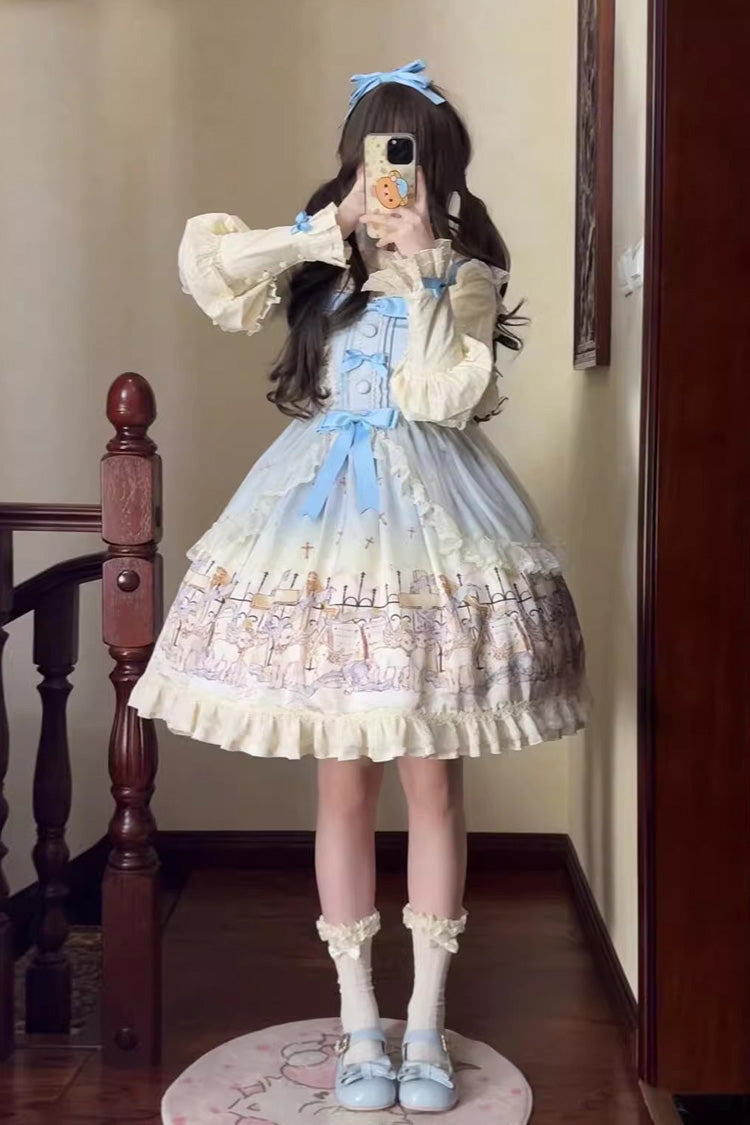 Lolita Jumper Skirt - Angel Lamb, 3 Colors, Ruffled, Printed, Sweet Style - S Blue / M Blue / L Blue option
