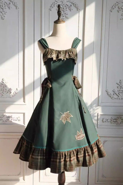 Lolita Jumper Skirt - Autumn Chronicles, 2 Colors, Sweet Style, Ruffled, Printed - S Green / M Green / L Green option